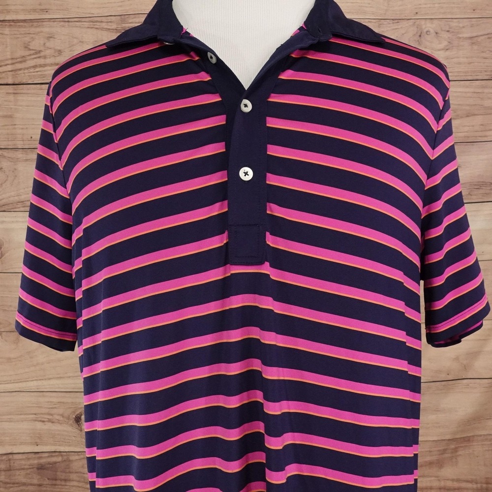 RLX Ralph Lauren Polo Shirt Mens L Blue Polyester Striped Golf Stretch Jersey